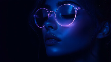 Minimal art, Close up of model's face with round eyeglasses illuminated by pink and blue neon lights, creating a minimal art composition