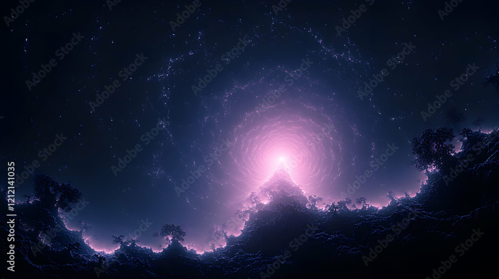 Poster minimal art, minimalist abstract digital art depicting a luminous vortex shining above a layer of da