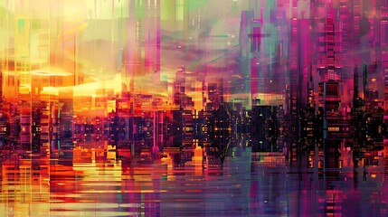 Fototapeta premium Futuristic Cityscape at Sunset Glowing Vibrant Hues