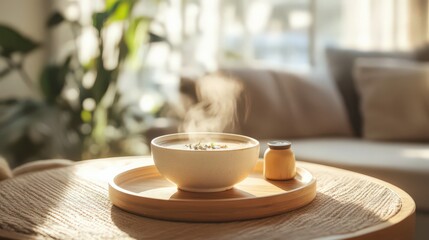 Fototapeta premium A steaming bowl of soup on a small wooden tray, cozy dining setup, warm glow, and satisfying comfort indoors.