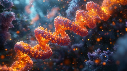 An artistic digital piece of a DNA strand with a glowing sequence showing how genetic data is transmitted across cells. 280