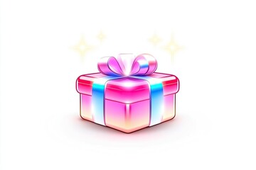 Obraz premium Colorful gift box with a shiny ribbon, glowing against a white background, ideal for celebrations