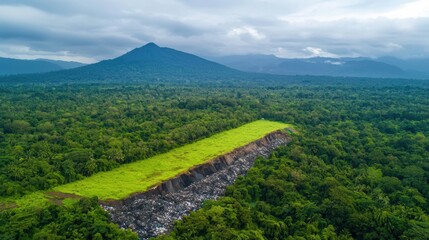 Fototapeta premium Aerial View of Lush Green Landscape with Waste Disposal Site