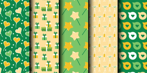 Set of birthday vector seamless pattern. Happy Birthday. Birthday symbols background. Bright colorful seamless birthday pattern with cakes, gifts and party symbols. Modern yellow and green design.