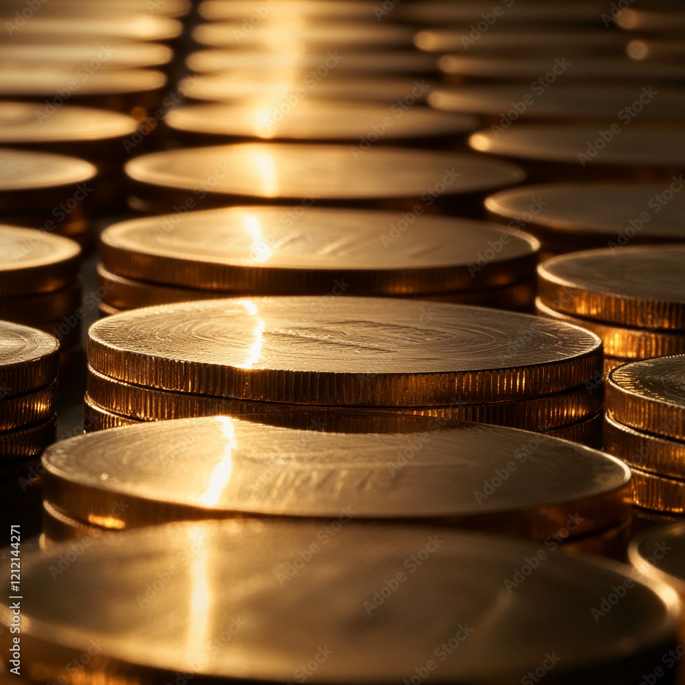 Poster close-up of golden coins in rows with reflective lighting