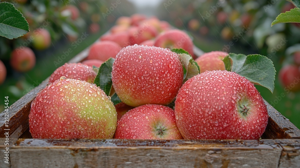 Poster vibrant red and green apples rest in a rustic wooden crate, each adorned with sparkling droplets fro