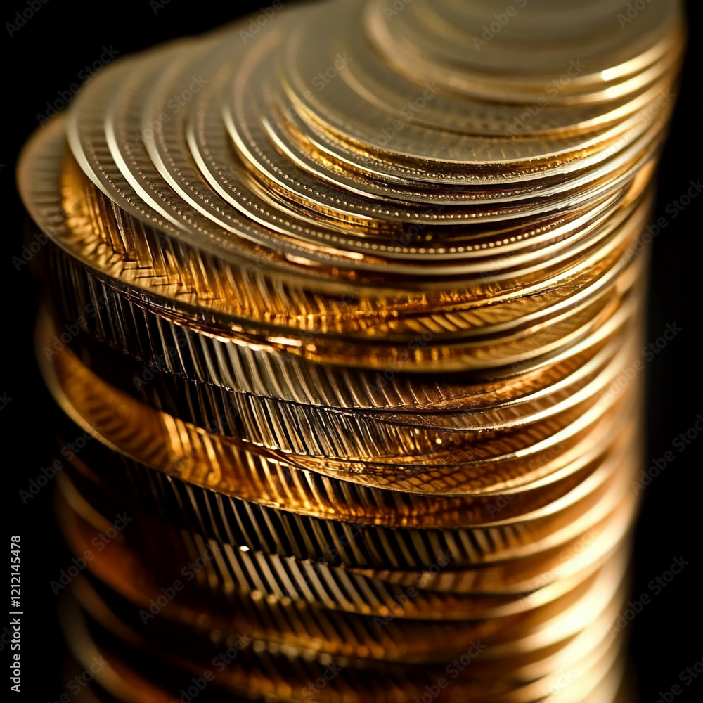 Poster stacked gold coins reflecting light with detailed textures in a close-up view