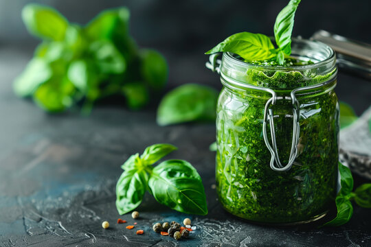 Glass jar with fresh homemade basil pesto