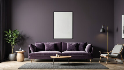 mock up poster frame in modern interior background, living room, Scandinavian style, 3D render, 3D illustration dark purple