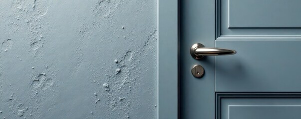 Fototapeta premium Gray textured wall, light switch beside door's metallic handle , on, door handle