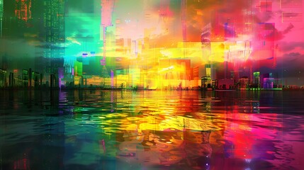 Fototapeta premium Vibrant Cityscape Reflected In Colorful Waters