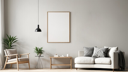 mock up poster frame in modern interior background, living room, Scandinavian style, 3D render, 3D illustration grey colour