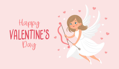 Valentine's day card with cute angel girl, cupid with bow and arrow. Illustration, holiday card