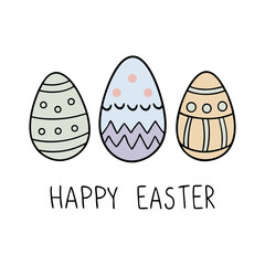 Happy Easter poster with eggs. Set of decorated Easter eggs with pastel colors wishing happy Easter. Vector illustration