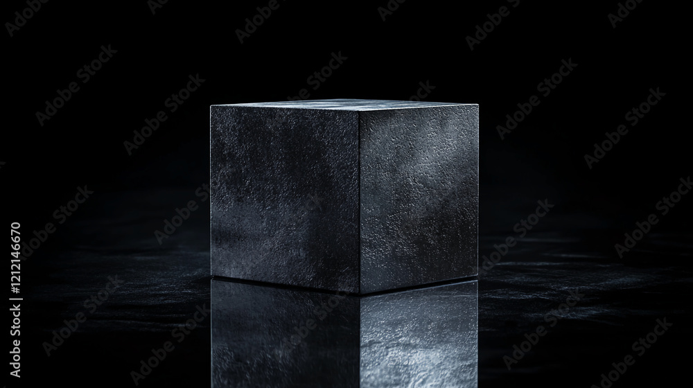 Aufkleber metallic textured cube platform on reflective surface with a dark background