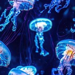 Naklejka premium Abstract jellyfish with flowing, glowing tendrils in a 3D underwater theme . Seamless abstract 3d pattern background