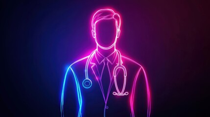 A glowing, neon outline of a doctor wearing a stethoscope, set against a dark background, symbolizing healthcare and medical professionalism.