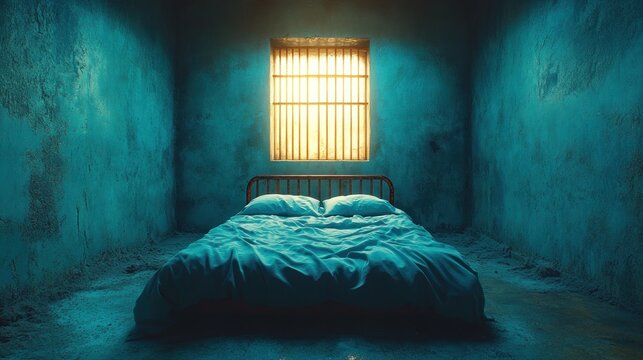 Prison cell bed, sunlit window, teal walls, hope