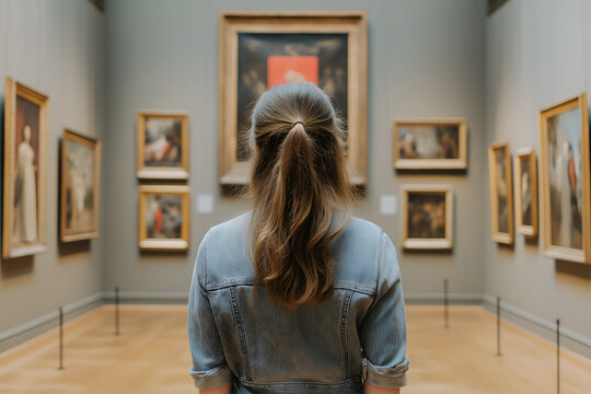 Back view of attractive woman in art gallery museum.