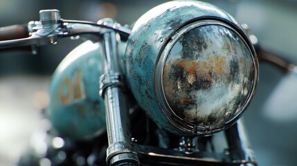 Fototapeta premium Close-up of a vintage motorcycle's weathered headlight and handlebars.