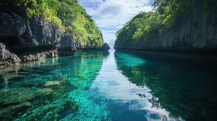 Obraz premium Crystal clear turquoise water flows between rocky cliffs with lush vegetation