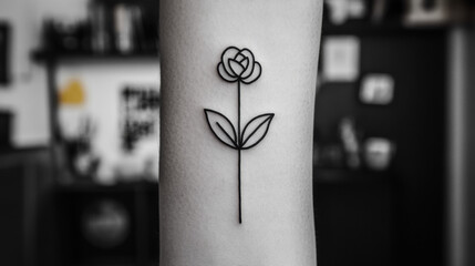 Minimal tattoo, A simple black line tattoo of a rose on a person's forearm against a blurred background.