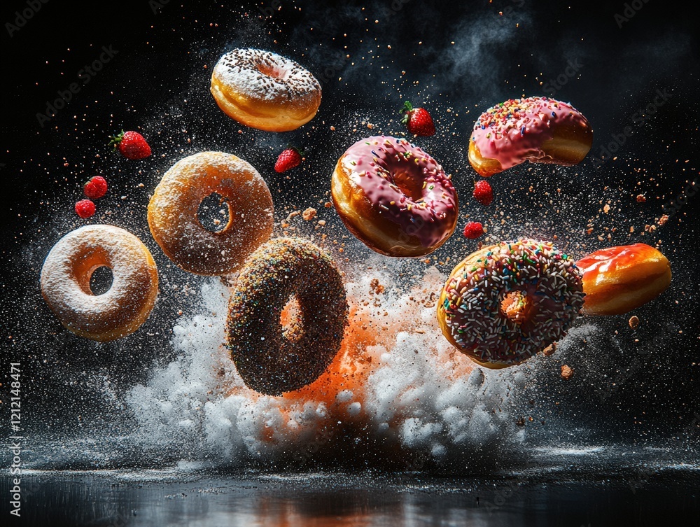 Poster delicious donuts exploding in a vibrant burst of color and powdered sugar, creating a dynamic and ey