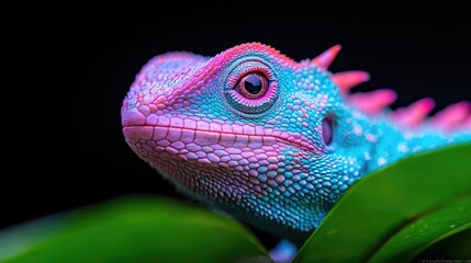 Fototapeta premium Vibrant blue and pink lizard peeking through green leaves against a dark background.