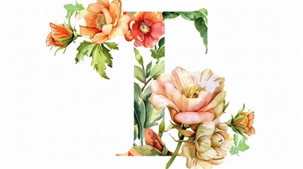 Elegant T Floral Alphabet Watercolor Flowers Background Design