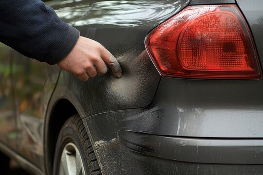 The car owner, who suffered from a collision, checks their vehicle's bumper for scratches and dents caused by the crash.