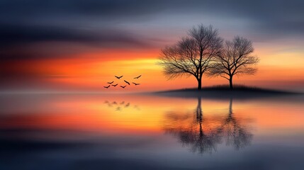 Obraz premium A serene sunset scene reflects vibrant colors over a calm lake, featuring two silhouetted trees and birds flying across the horizon.