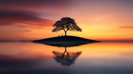 A serene sunset scene with a solitary tree on an island, reflecting beautifully in calm waters.