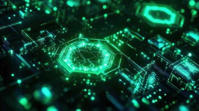 Abstract Futuristic Circuitry: Glowing Green Hexagonal Network - Powered by Adobe
