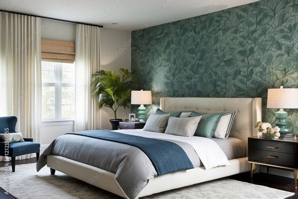 Wall mural Modern Master Bedroom Design With Leaf Patterned Wallpaper