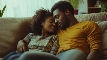 Obraz premium Couple sitting close on a sofa, sharing stories, affectionate gaze, indoor relaxation, romantic atmosphere, carefree bonding moment.