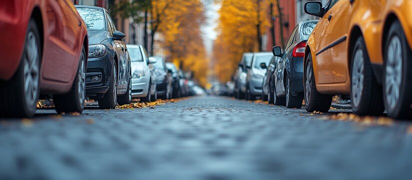Autumnal Street Scene: Cars Parked on a Cobblestone Road