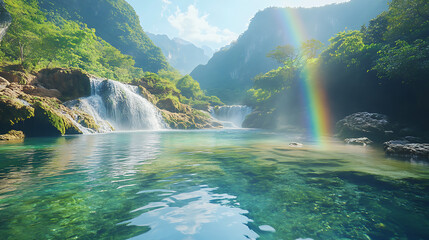 Serene waterfall cascading into a crystal-clear pool, with a vibrant rainbow arching over lush green mountains under a sunny sky.