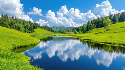 Serene mountain lake reflecting sky, green hills, summer