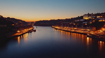 Naklejka premium Douro River, Portugal, night cityscape, illuminated buildings, twilight