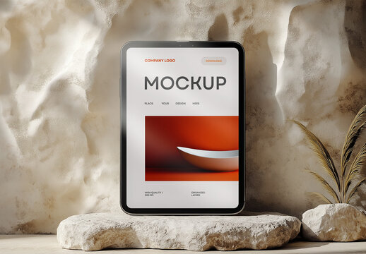 Tablet Device Mockup &ndash; Modern Front View on Stone Background for App UI Showcase, Website Presentation or Digital Product Promotion
