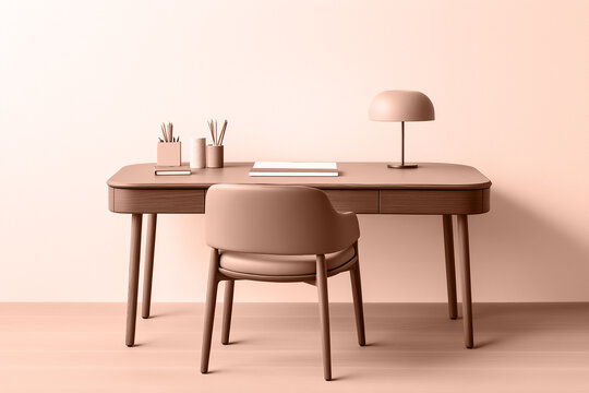 Sleek mocha mousse desk and chair create a stylish efficient home workspace. Modern trendy tone hue shade