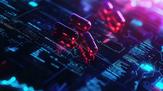 A vibrant, futuristic digital scene featuring glowing pills on a complex circuit board, emphasizing technology and innovation.