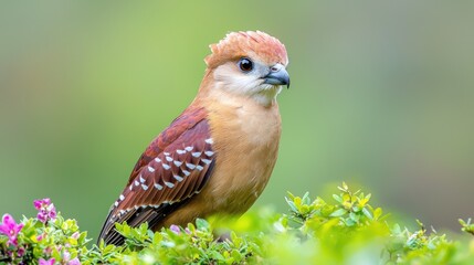 Fototapeta premium Rufous bird with barred wings perches on green foliage with pink flowers in natural daylight.