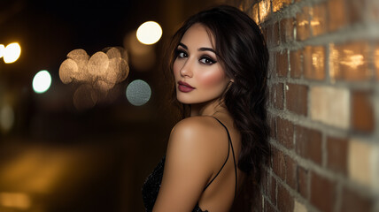 Naklejka premium A beautiful woman in her late thirties with dark hair, wearing an elegant black dress, leans against the side of a brick wall. Looking over her shoulder at the camera. Ai generated