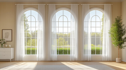 Fototapeta premium Bright Room Design Featuring Arched Windows and Minimalist Decor