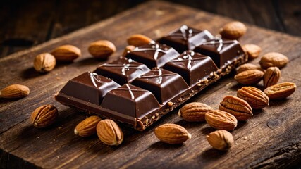 A chocolate bar surrounded by almonds on a wooden surface, evoking indulgence and flavor.