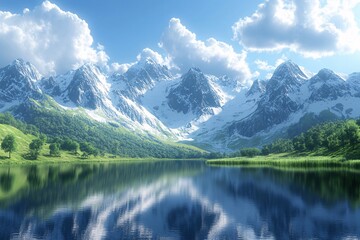 Fototapeta premium Serene Mountain Lake Reflecting Snowy Peaks Under a Blue Sky