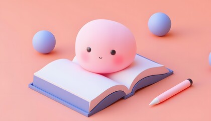Cute pink character with a smile sits on an open book surrounded by purple spheres and pink pencil on a pink background