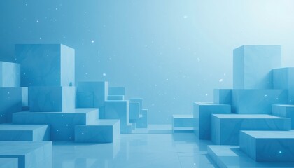 Fototapeta premium Gradually layered blue blocks emerge, creating a serene and modern landscape. Soft light envelops the setting, evoking a sense of calm and innovation