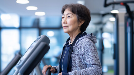 Obraz premium ランニングマシーンでリハビリウォークをする日本人のシニア女性